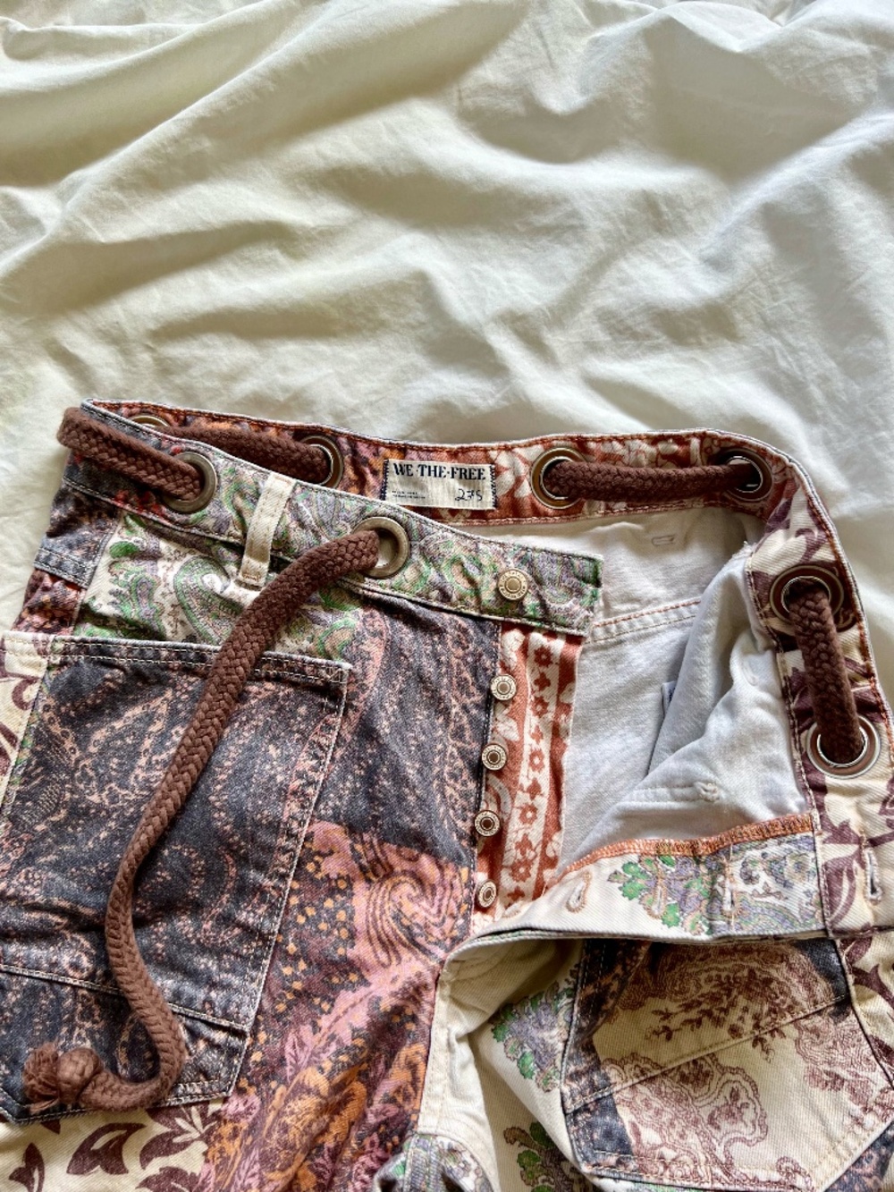 Free People Moxie Printed Brown Combo / Brn Motif Pull-On Barrel Jeans W 27 S - Picture 7 of 16